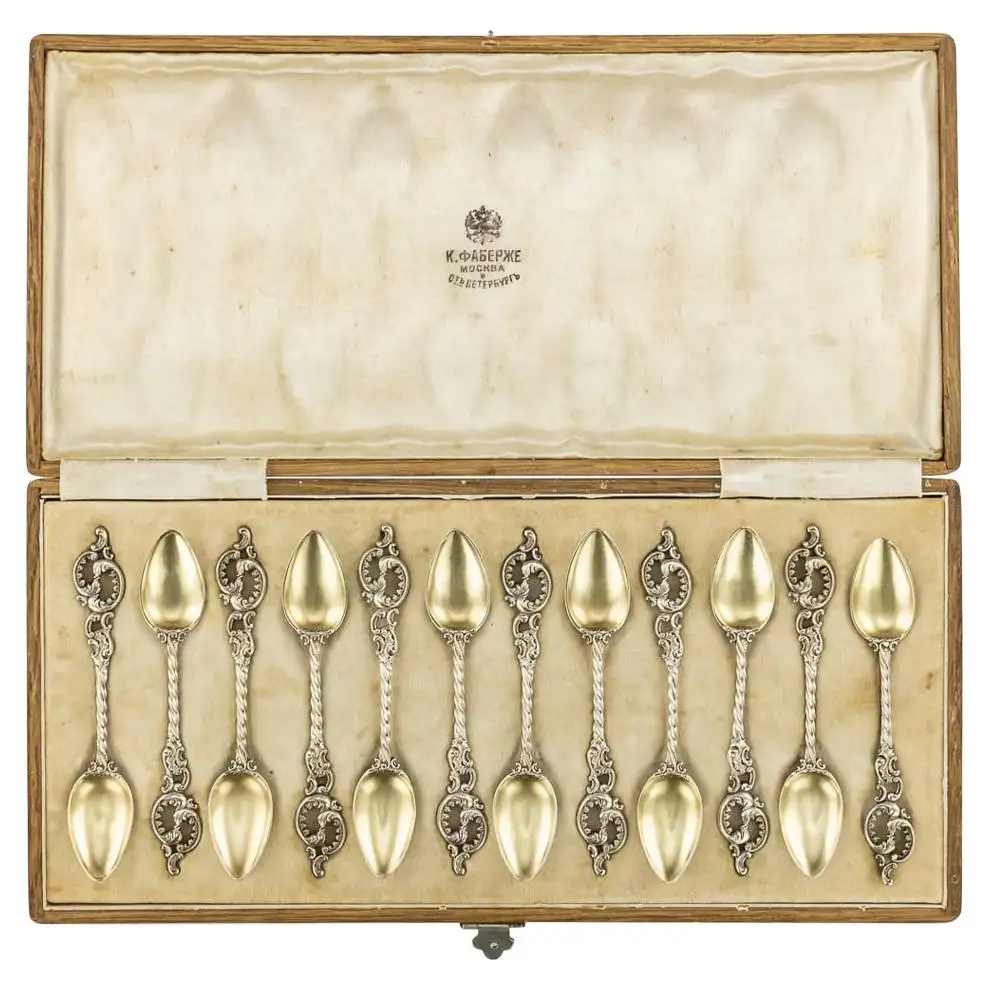 19th Century Imperial Russian Faberge Silver-Gilt 12 Coffee Spoons, circa 1890